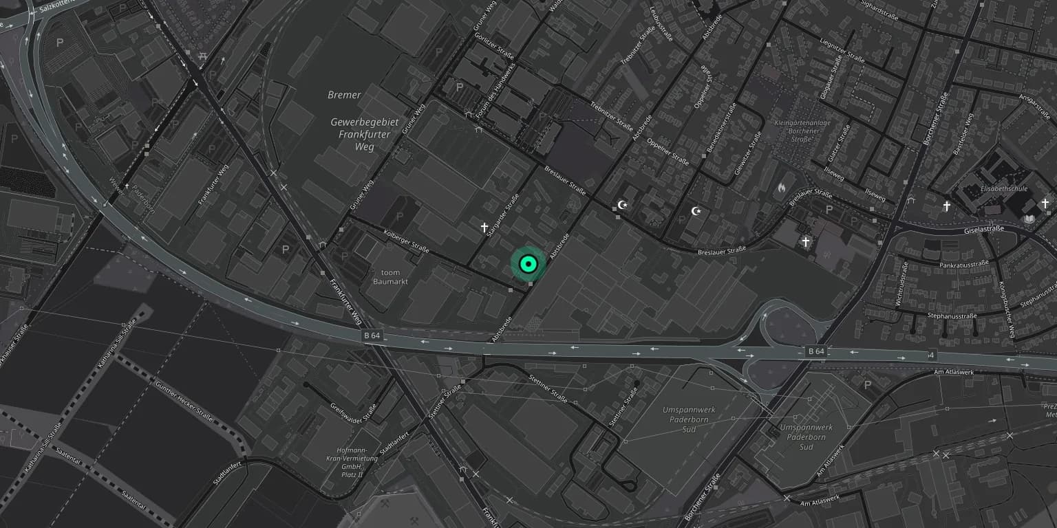 Kartenausschnitt Paderborn Südstadt: der Standort an der Abtsbrede 120, zwischen Frankfurter Weg und Bundesstraße 64.