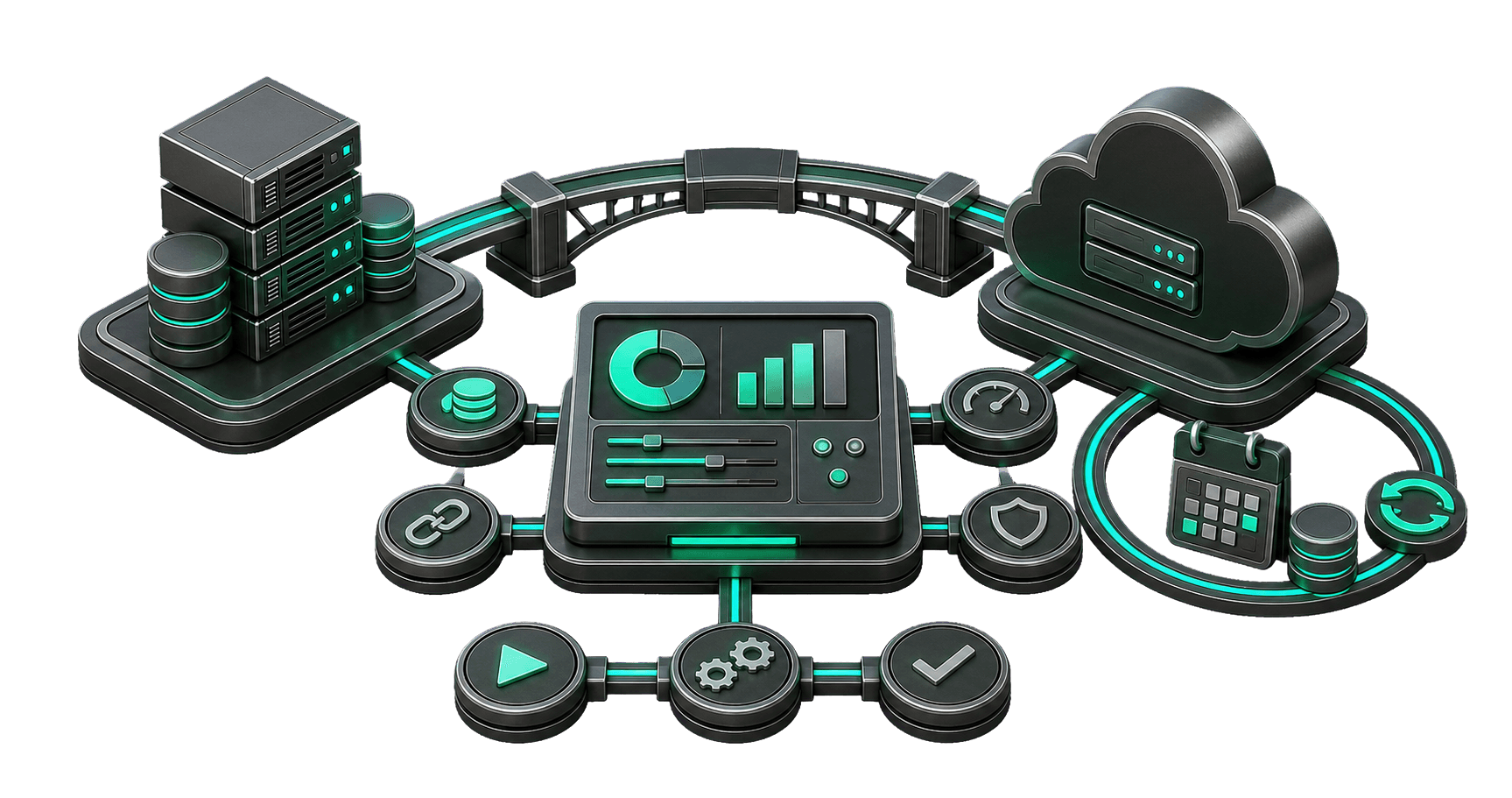 Eigenes Rechenzentrum und Cloud-Server verbunden über ein Entscheidungs-Dashboard mit Kosten-, Abhängigkeits- und Sicherheitsfaktoren, ergänzt um Migrationsschritte und regelmäßige Neubewertung