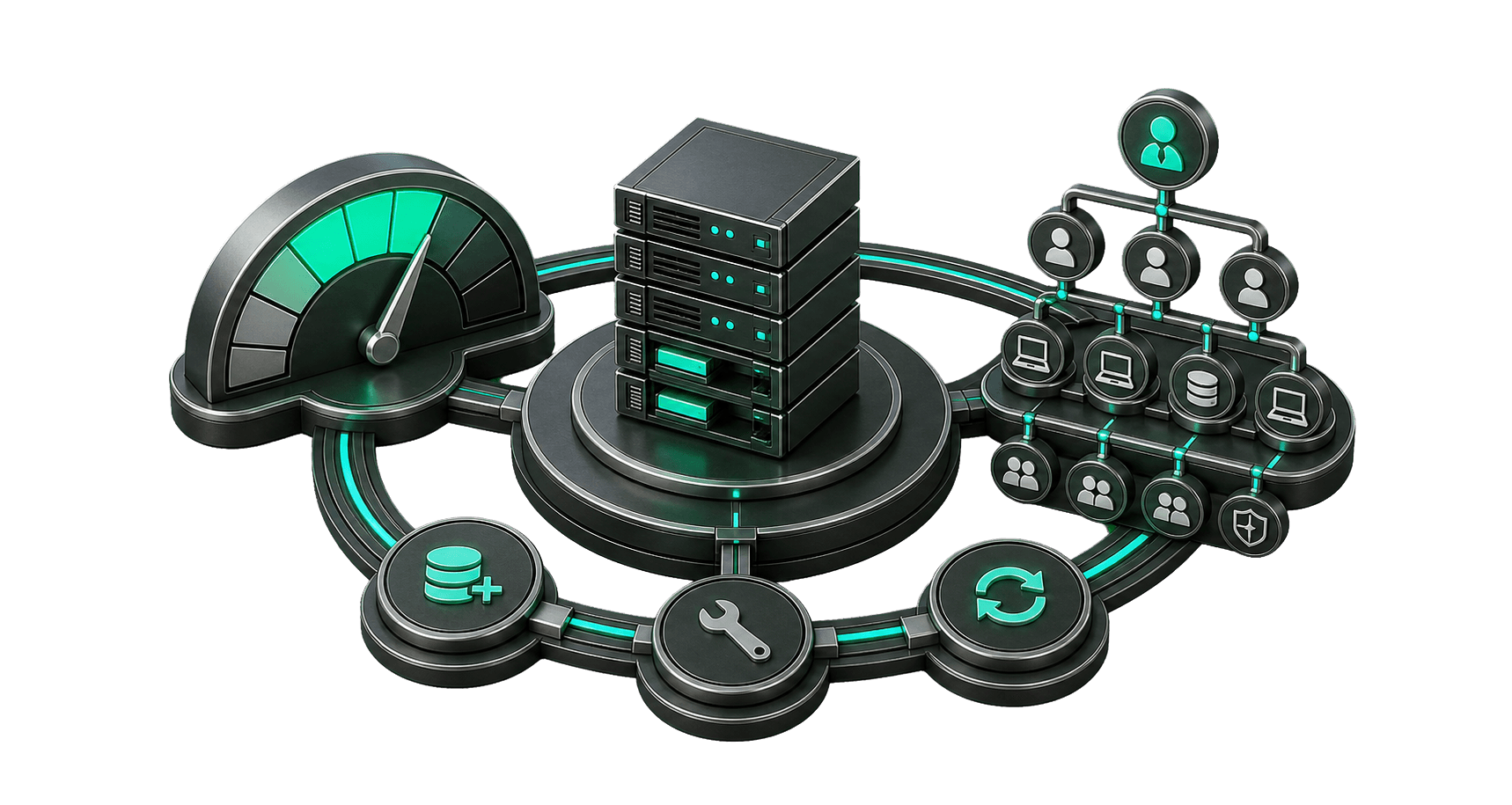 Kapazitätsanzeige und Server-Rack verbunden mit der Active-Directory-Struktur aus Benutzern, Geräten und Zugriffsrechten, umlaufend ergänzt um Storage-Erweiterung, Wartung und Lifecycle-Erneuerung