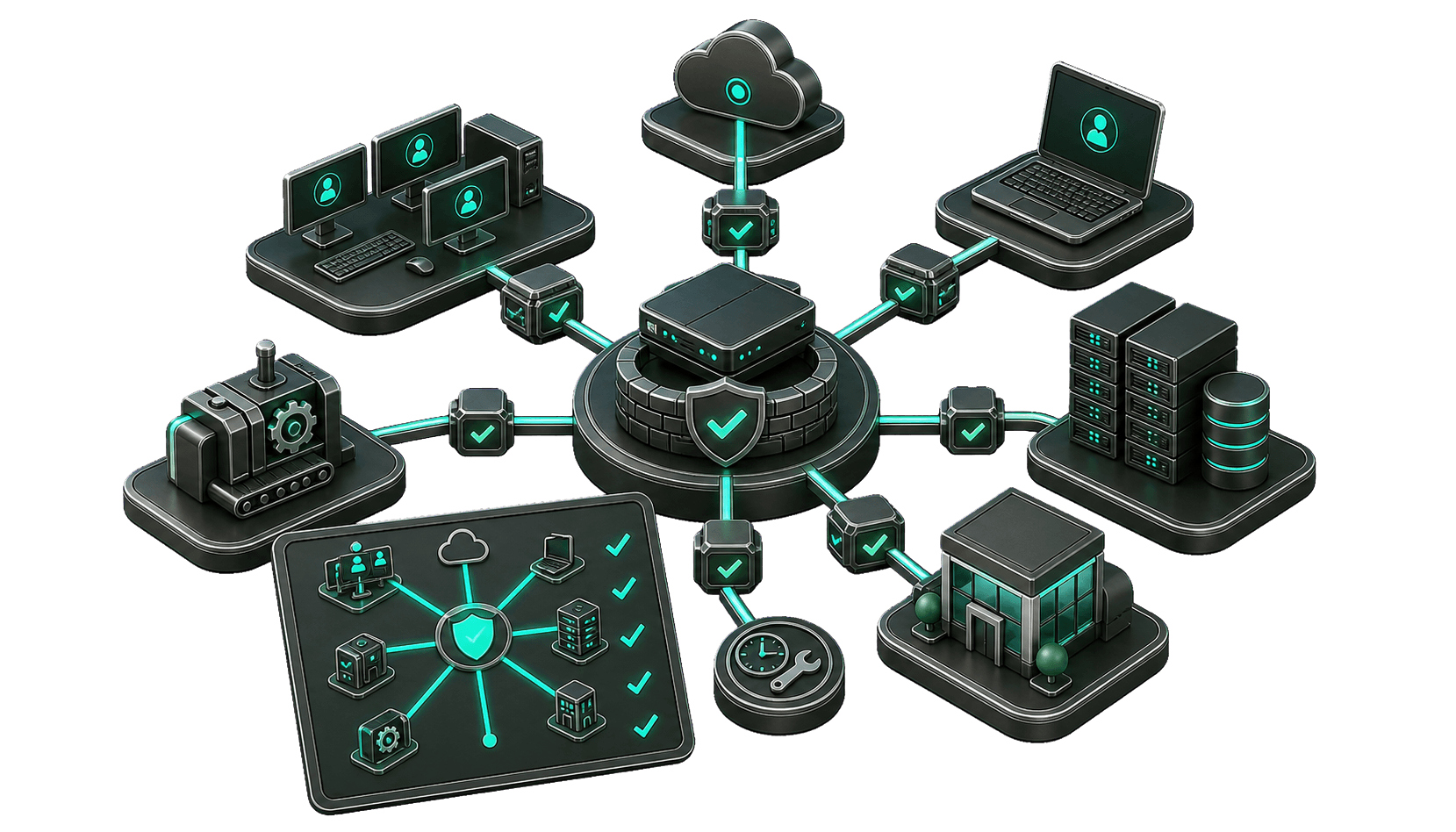 Zentrale Firewall-Segmentierung verbindet geprüfte Zugänge von Arbeitsplätzen, Cloud, Notebooks, Maschinen, Servern und Standorten, gespiegelt in einer dokumentierten Netzwerktopologie